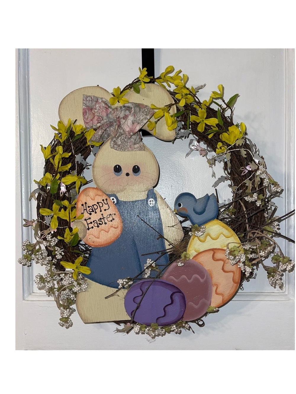 Spring Bunny Easter 15 Inch Wreath with Yellow Blossoms